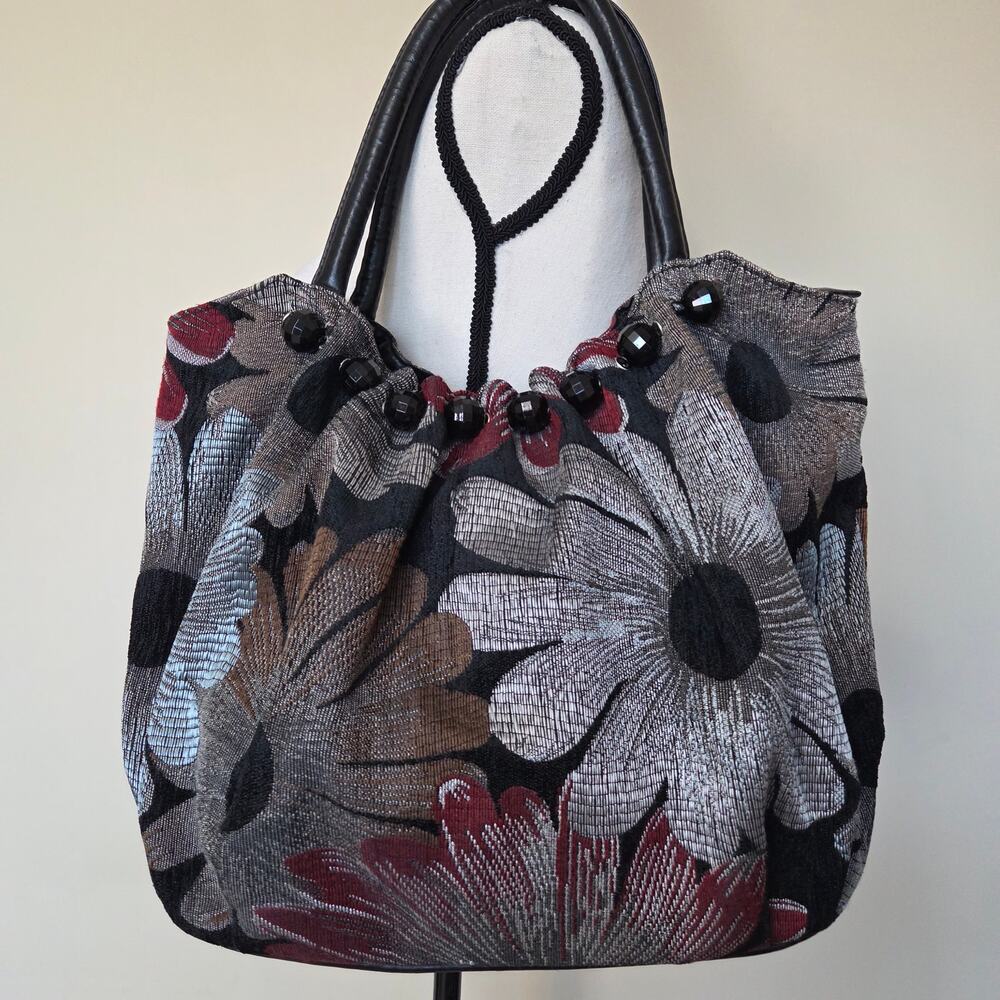 Floral Tapestry Hobo Style Handbag Beads Double Handle Zip Cracker Barrel Boho